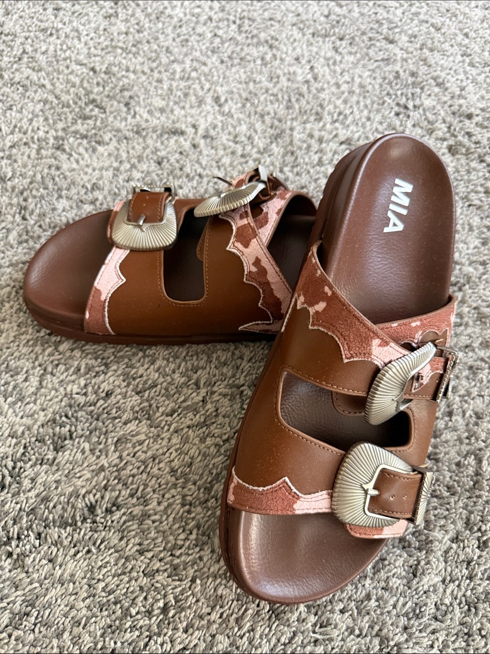 MIA Brown Double-Buckle Western Slide Sandals